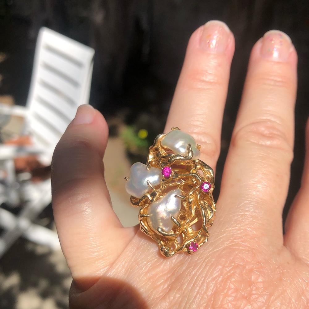 Exquisite 14k gold mother of pearl and rubies ring 7.75 cocktail party big 16g - Picture 5 of 8